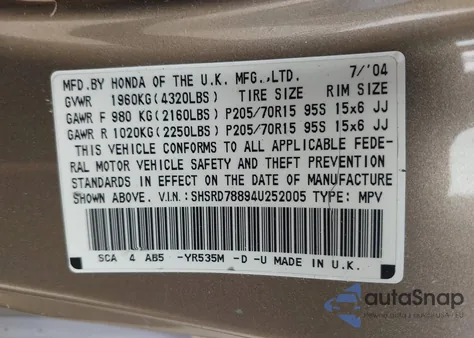 2004 Honda Cr-V Ex z USA, uszkodzony, nr VIN SHSRD78894U252005